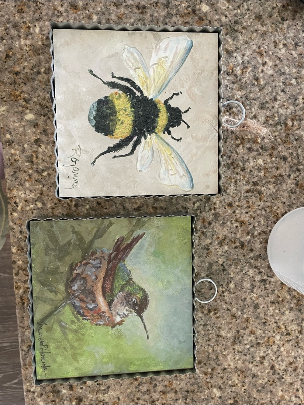 Bee and Hummingbird Set - Framed Floral Art Panels
